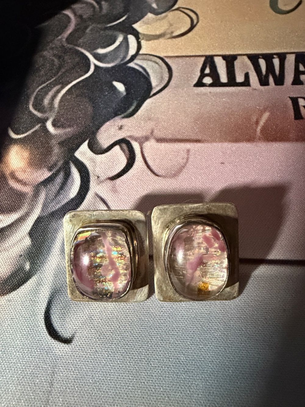 Always Pink Iridescent Square Glass Stud Earrings with Silver-Tone Frames
